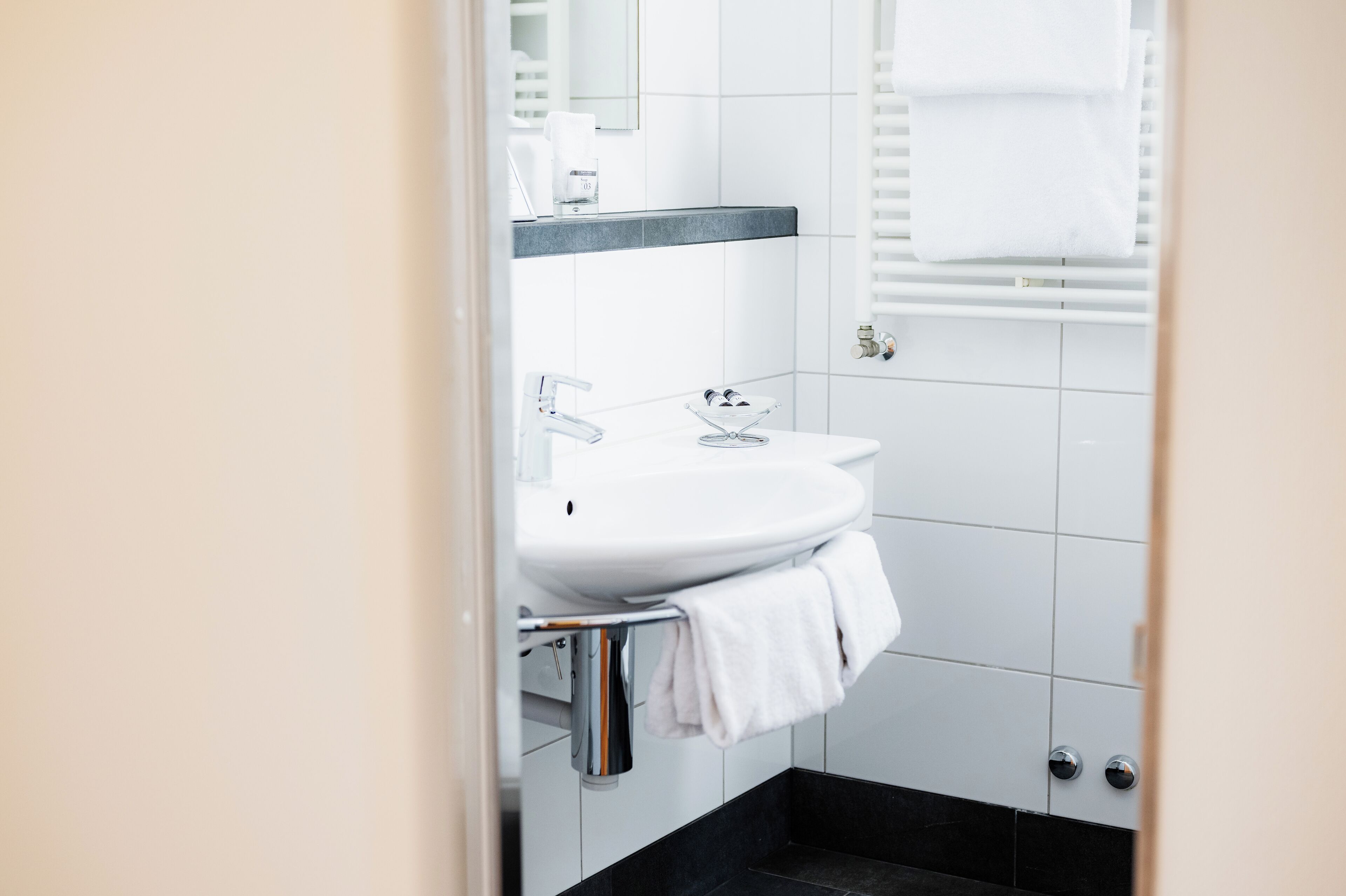 deluxe double room | bathroom | shower, hair dryer, towels, soap