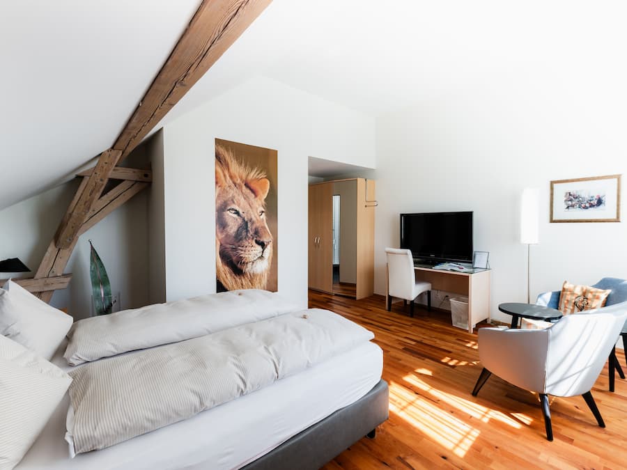 A modern bedroom with a large bed, a desk, a chair, and a television.