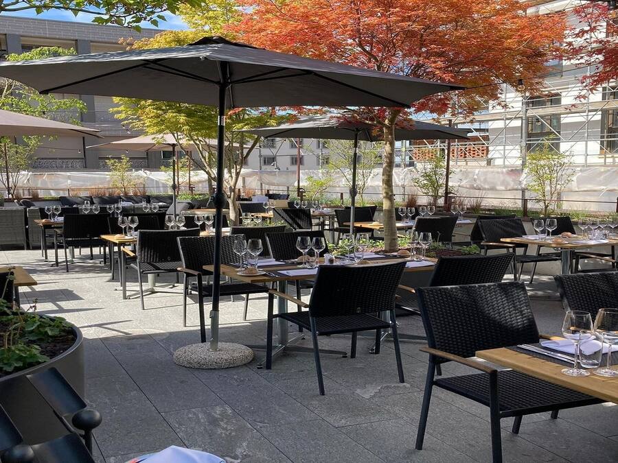 An outdoor patio area with tables and chairs, umbrellas, and potted plants.