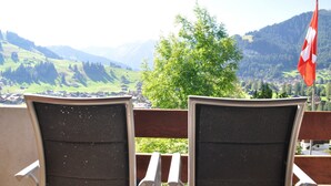Two chairs facing a scenic view of a valley with a flag. - Ferien- und Familienhotel Alpina (Adelboden)