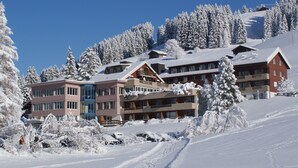 A snow-covered hotel with multiple buildings, a ski slope, and trees. - Ferien- und Familienhotel Alpina (Adelboden)