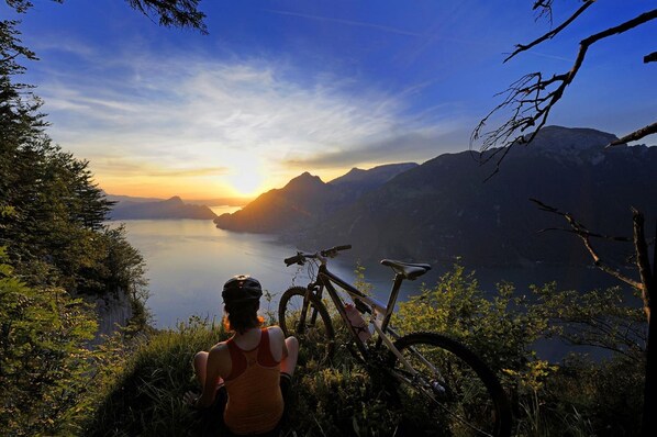 A person sitting on a cliff overlooking a lake with mountains in the background. - Seeblick Höhenhotel (Emmetten)