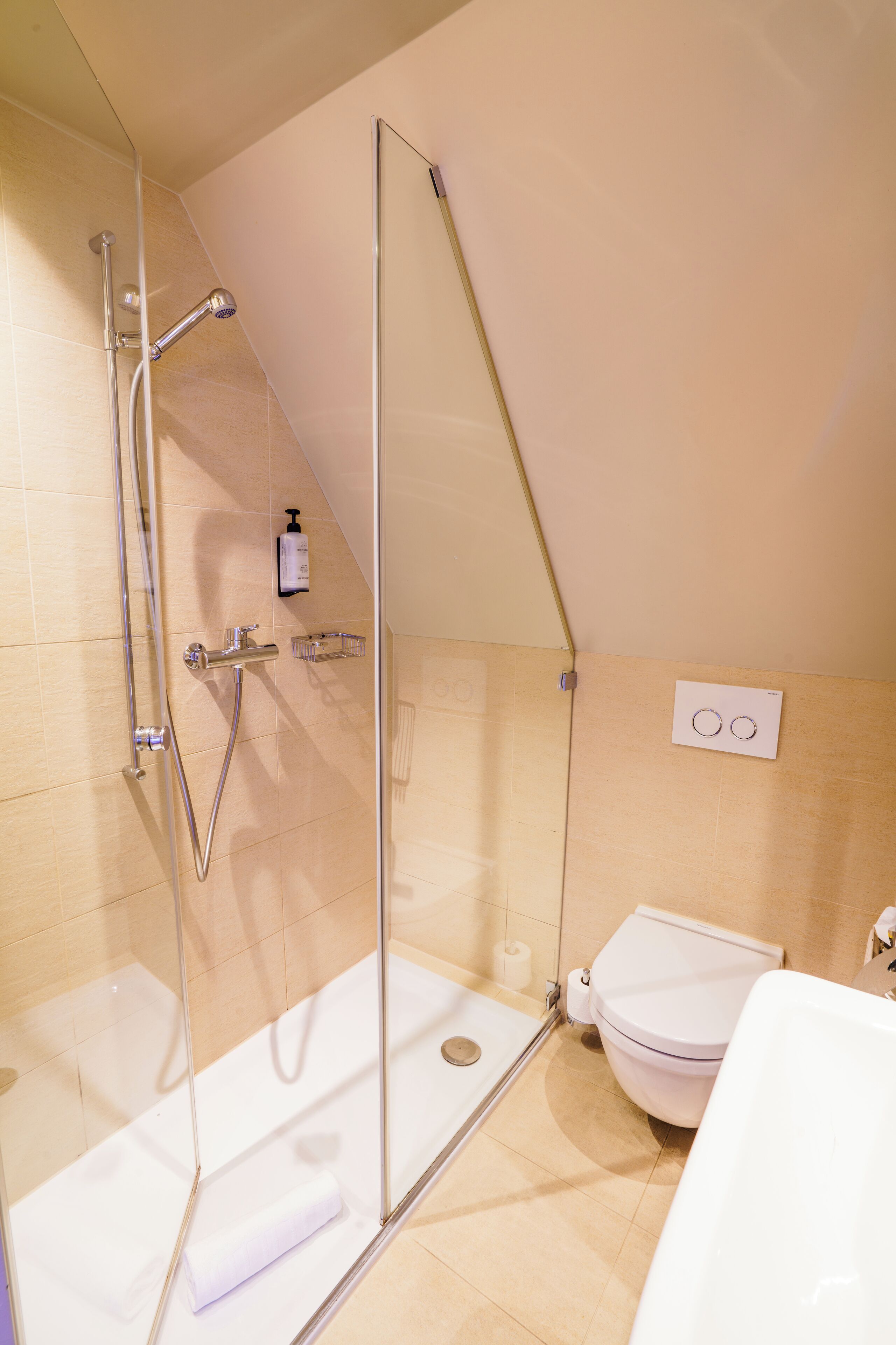 Une salle de bain moderne avec une douche à parois de verre, une baignoire blanche et des toilettes.