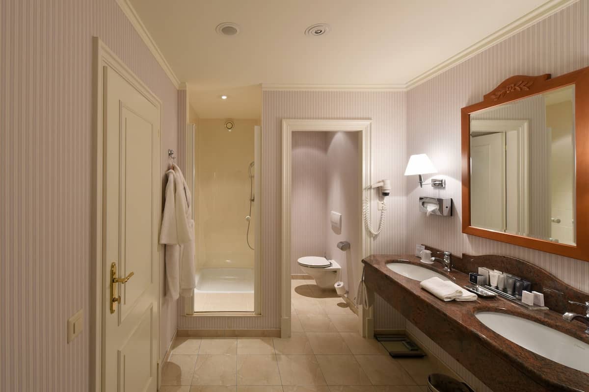 separate bathtub and shower, free toiletries, hair dryer, bathrobes