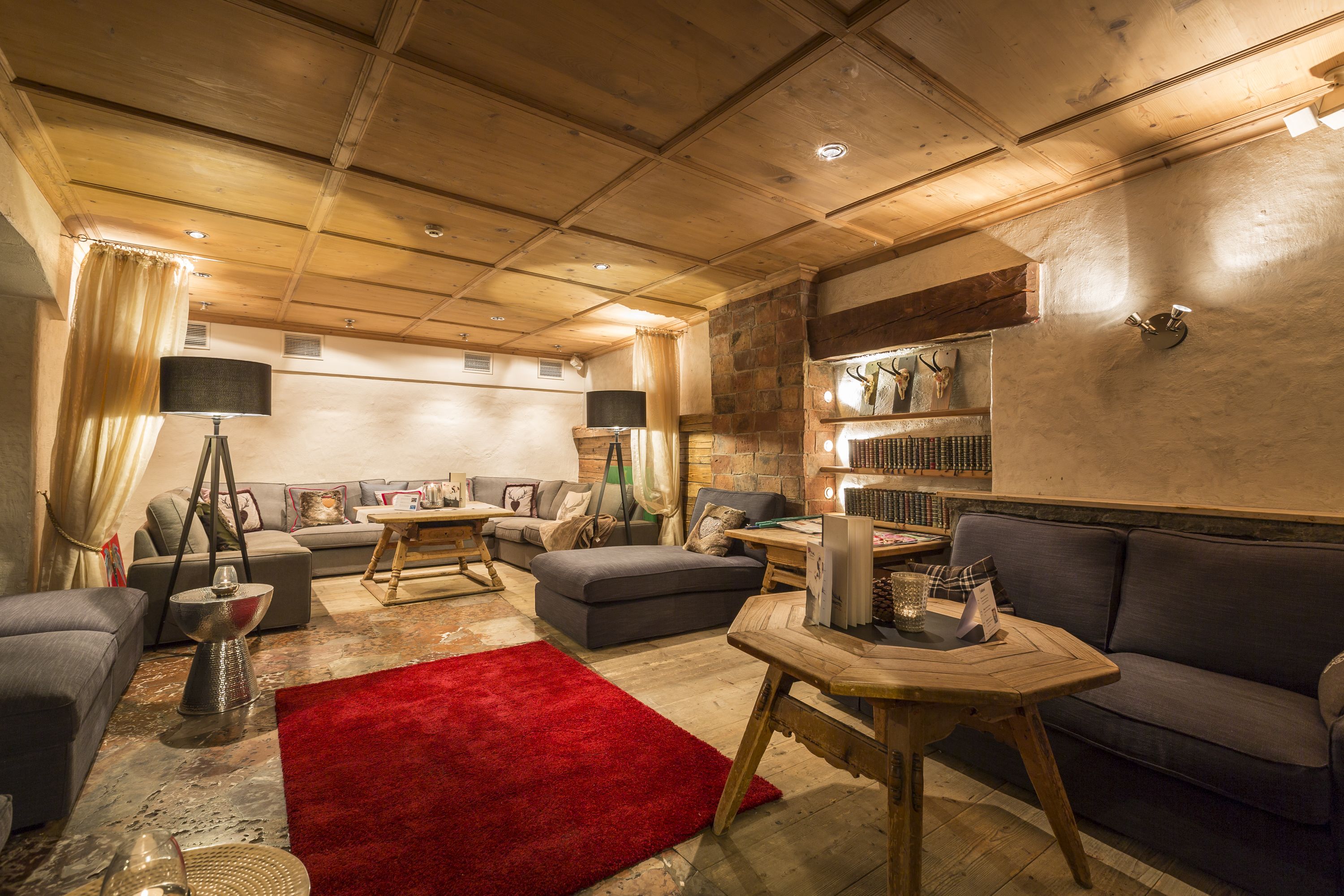 Un salon chaleureux avec une cheminée, une bibliothèque et un tapis rouge.