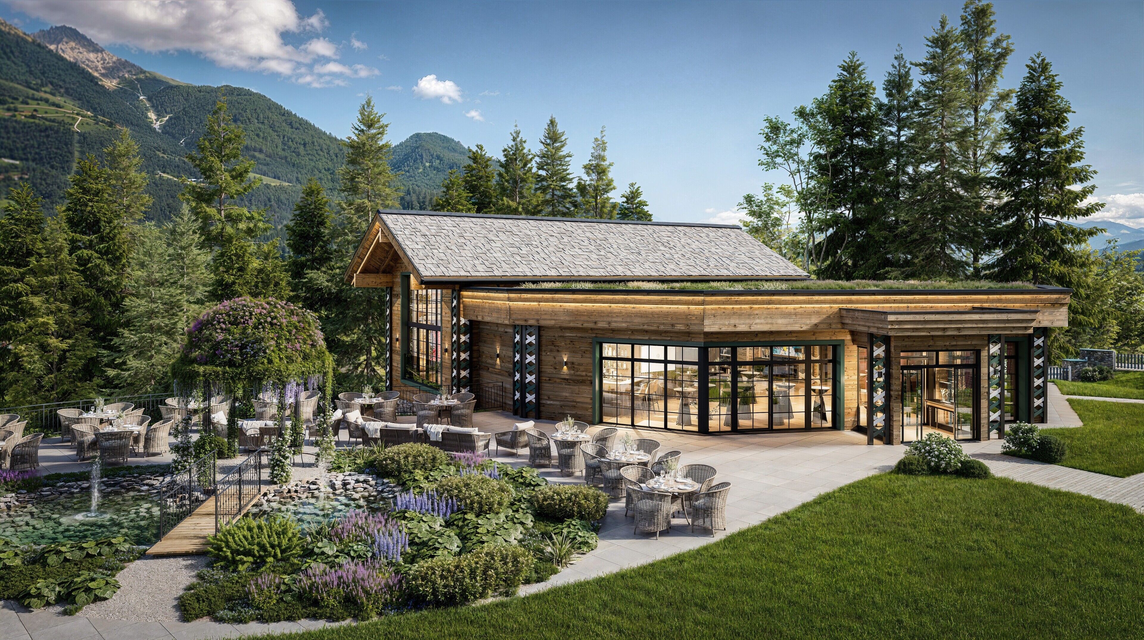 A wooden lodge with outdoor seating and a view of mountains.