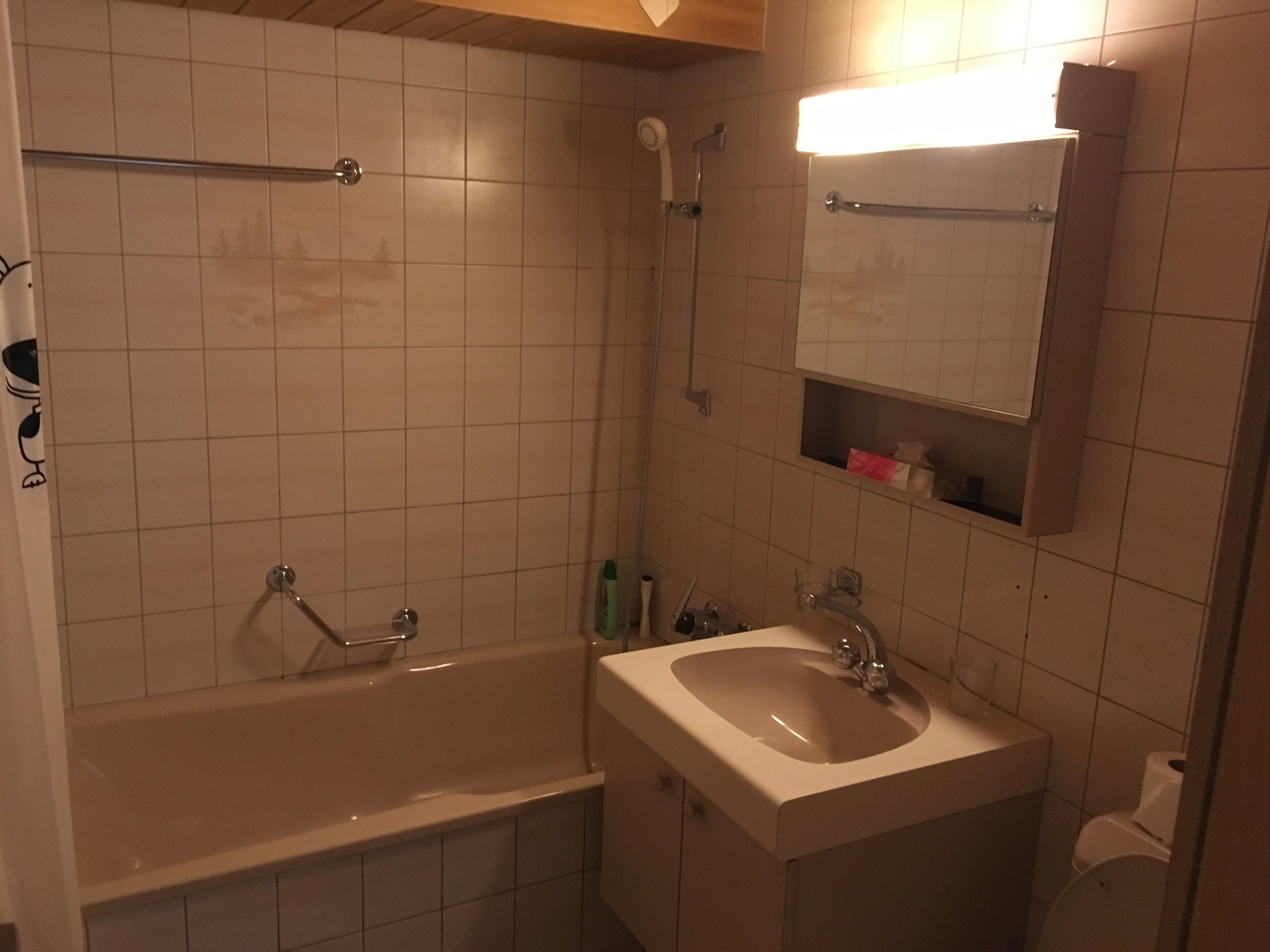 Une salle de bain avec une baignoire, un lavabo, un miroir et une douche.