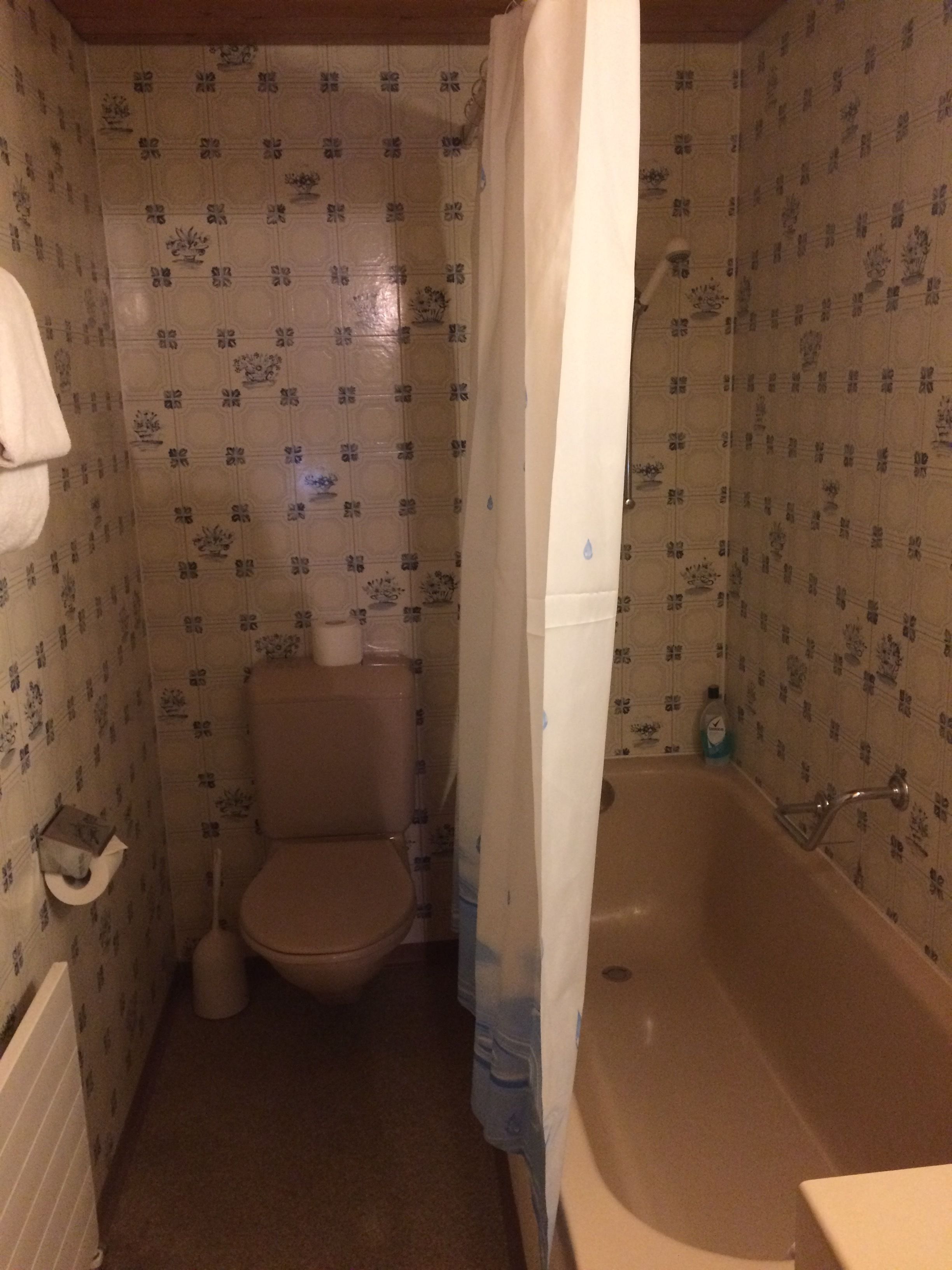 A small bathroom with a toilet, a bathtub, and a shower curtain.