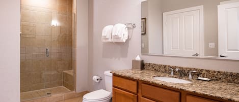 A bathroom with a shower, toilet, vanity, and a large mirror.