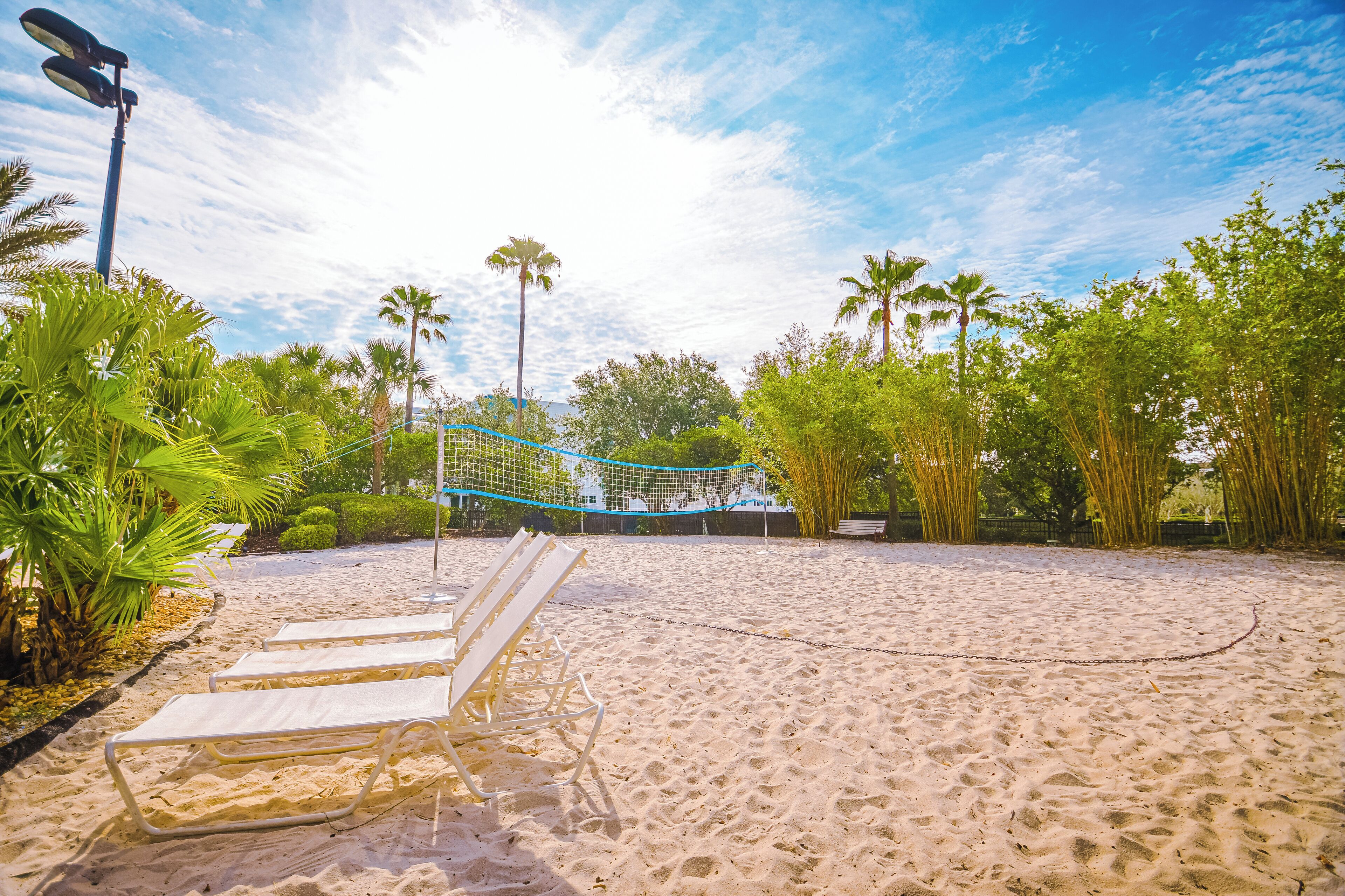 Une plage de sable avec un filet de volley-ball, des palmiers et des chaises longues.