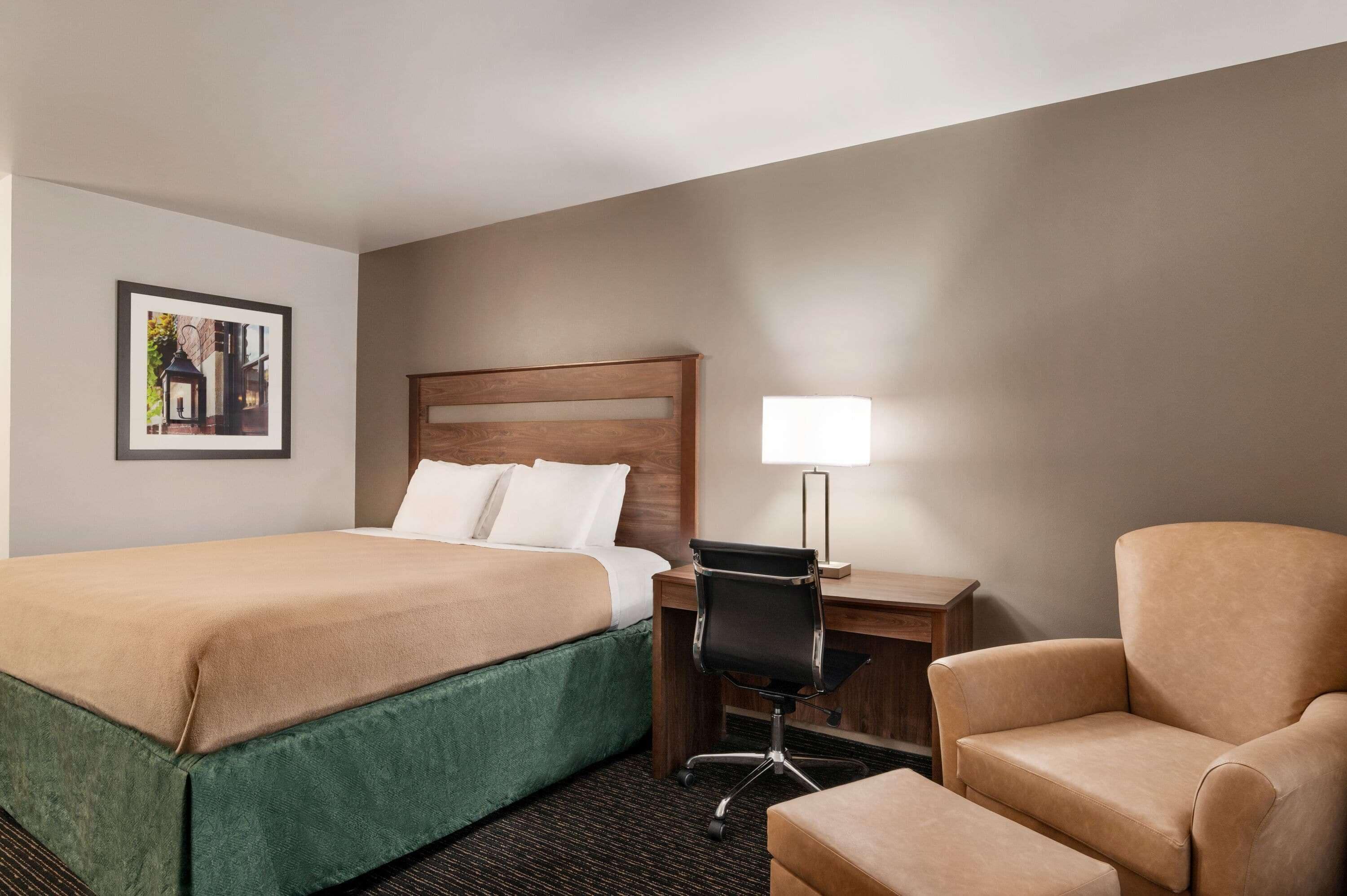 A hotel room with a bed, a desk, a chair, and a lamp.