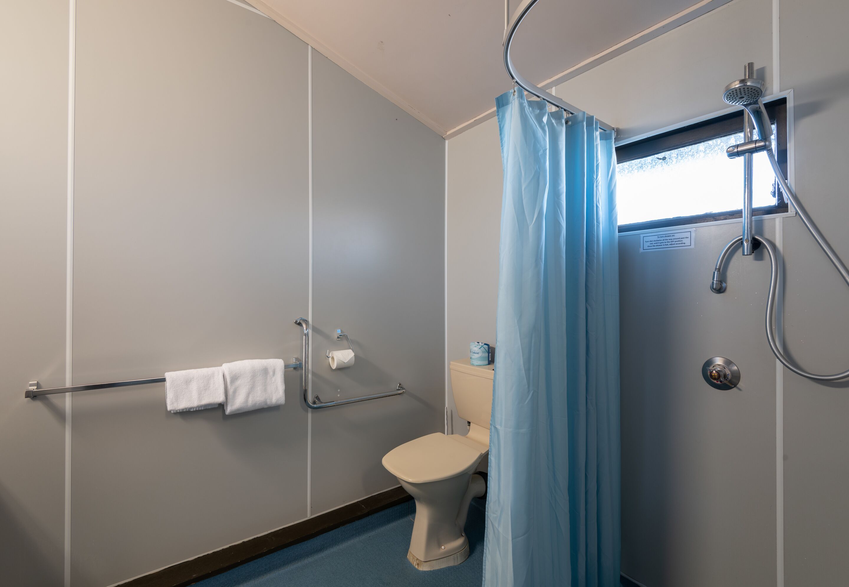 Ein Badezimmer mit Toilette, einer Duschkabine mit Vorhang, einem Handtuchhalter und einer Handlauf.