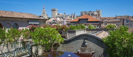 Una terraza en la azotea con una mesa y sillas, rodeada de plantas en macetas y vistas a edificios históricos.