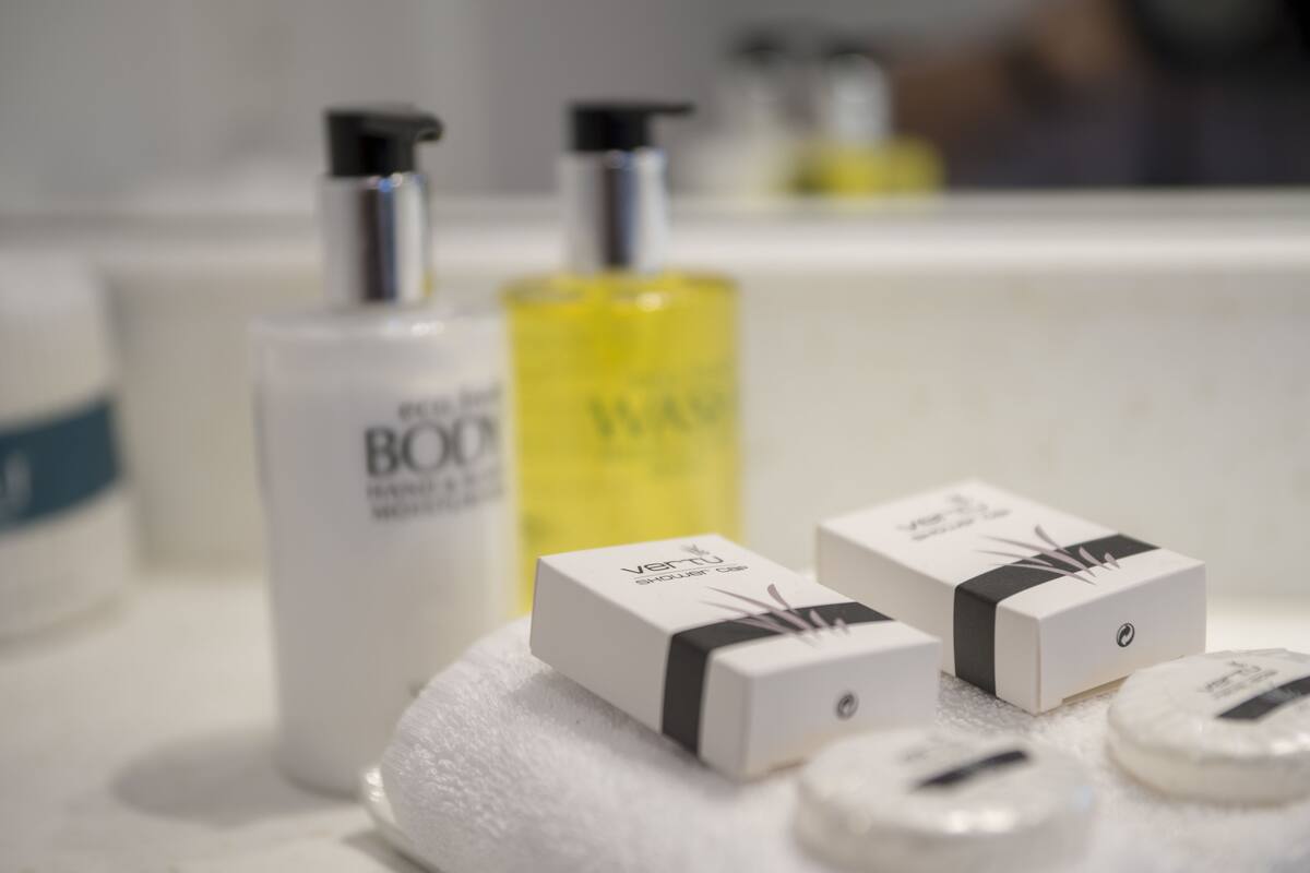 free toiletries, hair dryer, towels