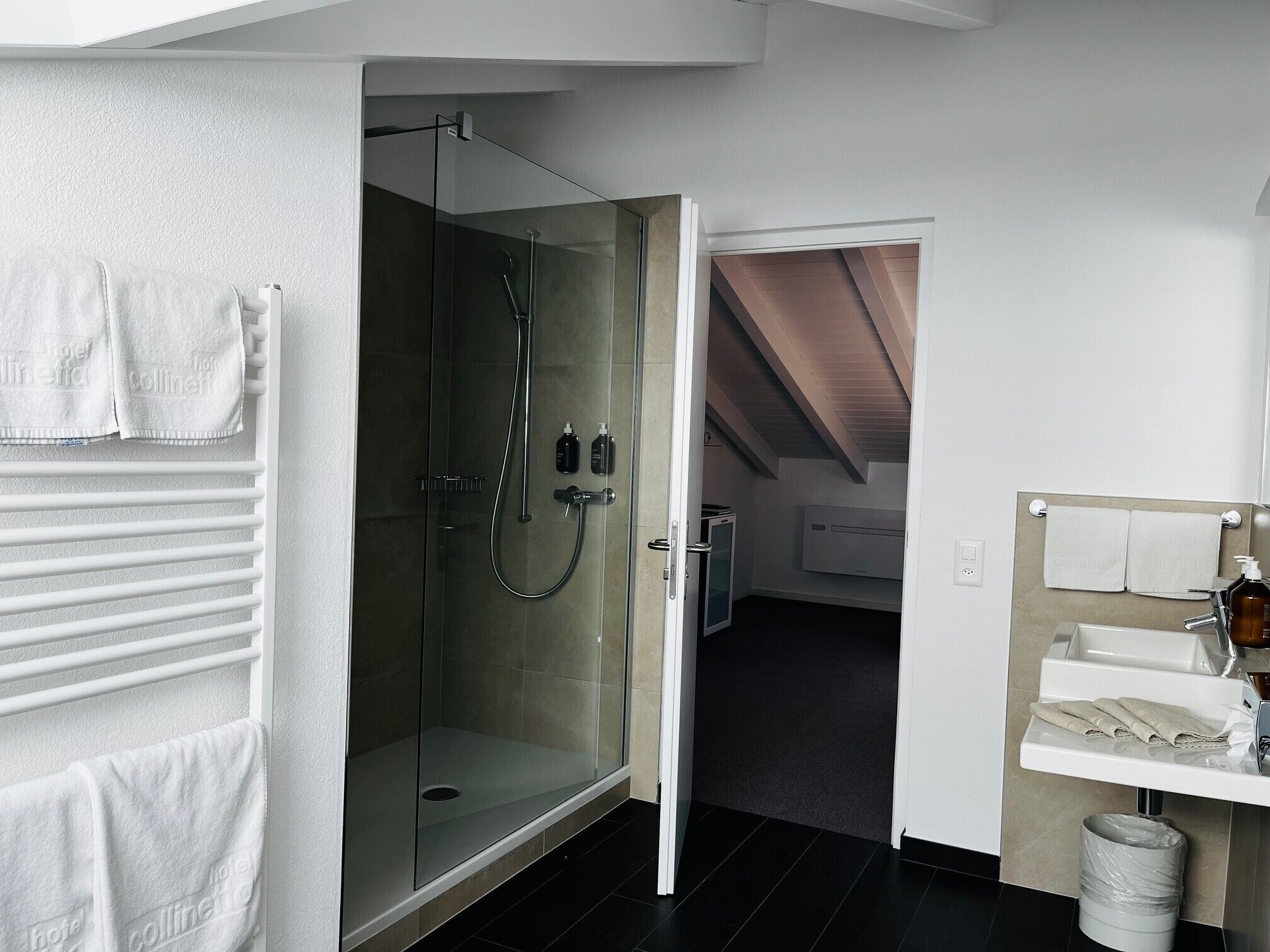Ein modernes Badezimmer mit einer Duschkabine aus Glas, einem weißen Waschbecken und einem Handtuchhalter.