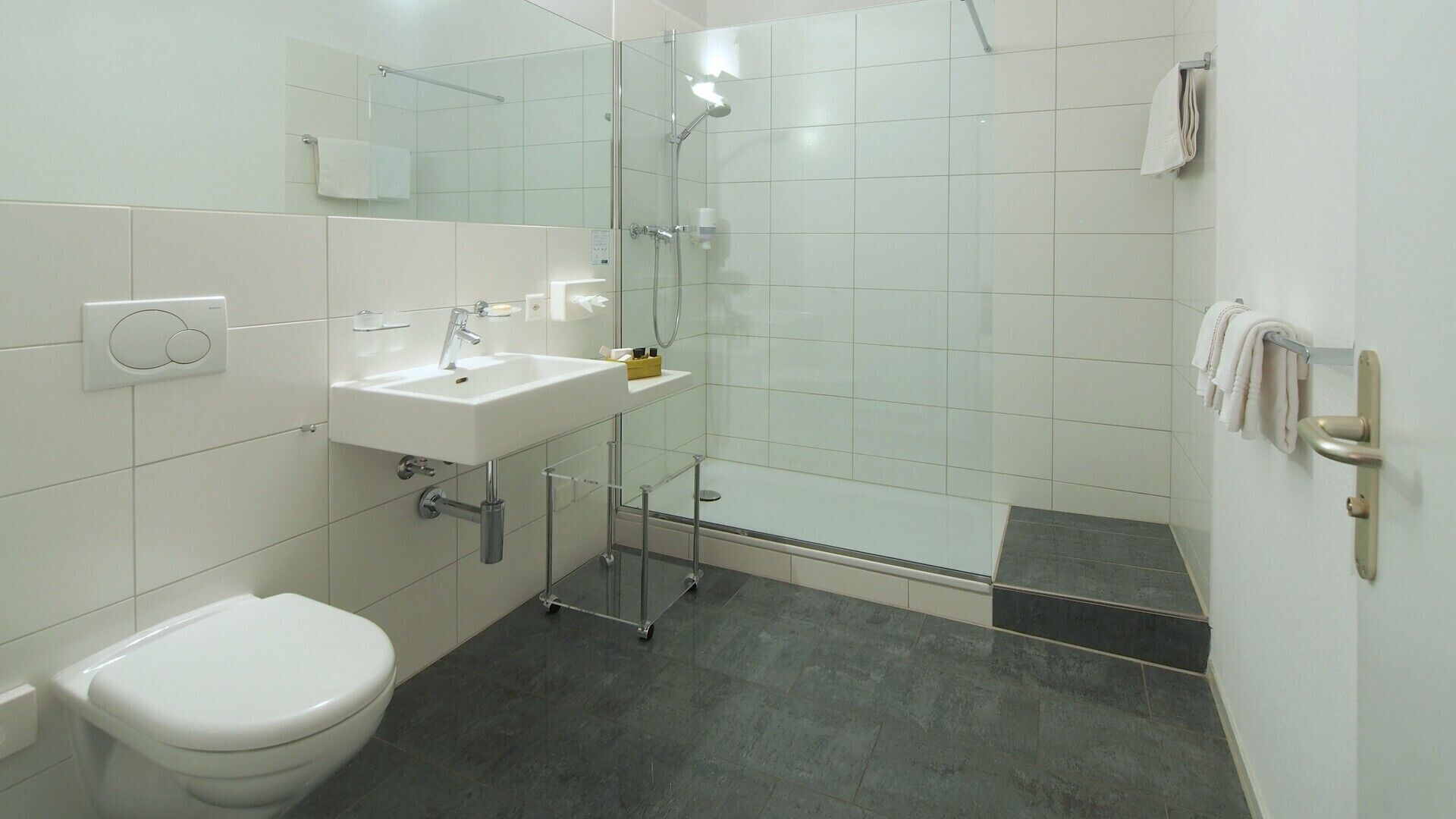 Ein modernes Badezimmer mit Toilette, Waschbecken und Dusche.
