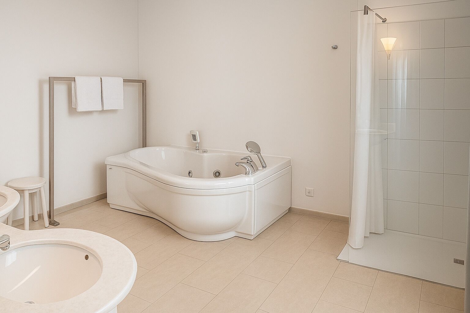 A modern bathroom with a freestanding bathtub, a toilet, and a sink.