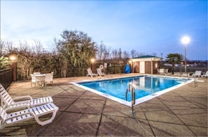 Seasonal outdoor pool, sun loungers