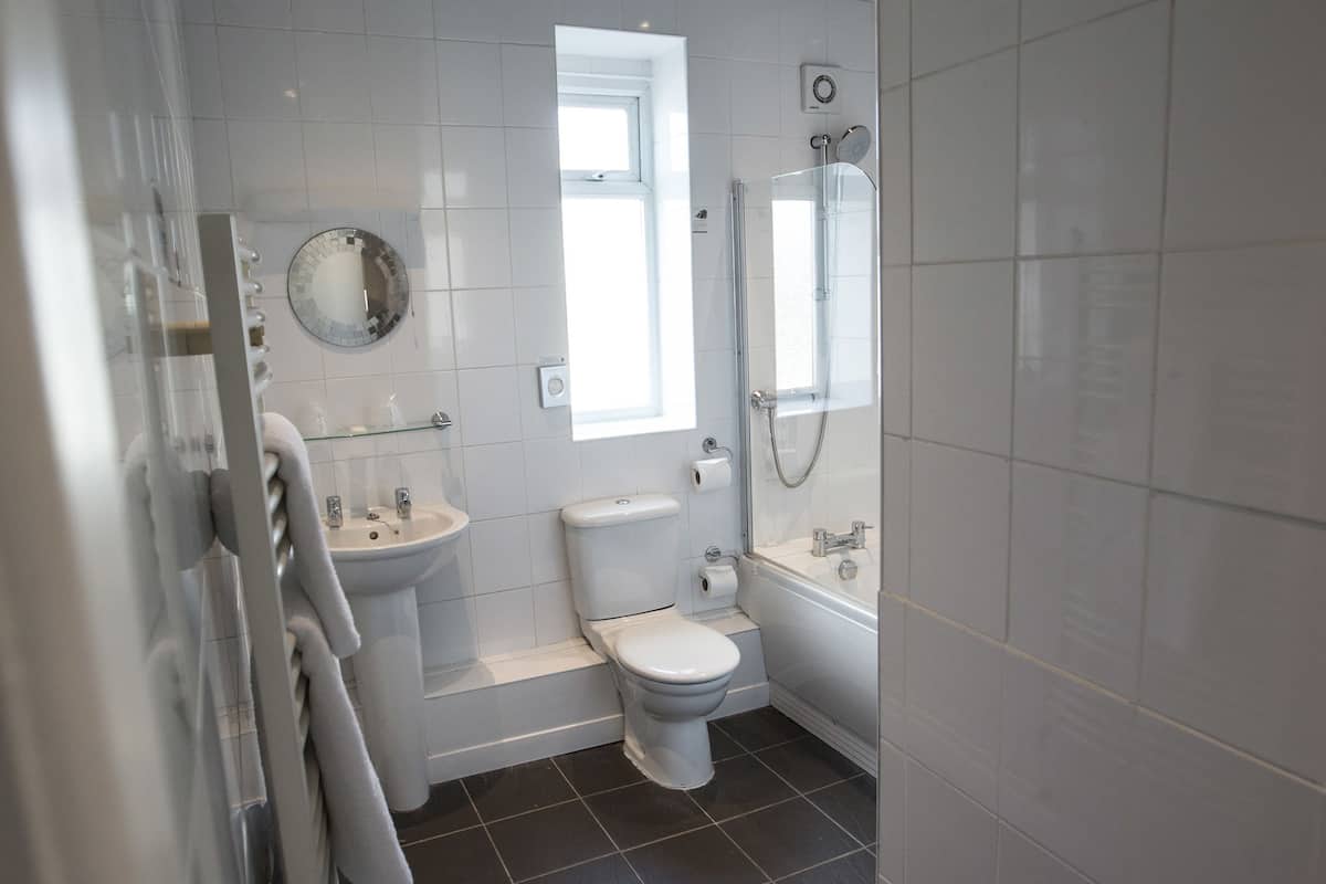 combined shower/bathtub, hydromassage showerhead, free toiletries