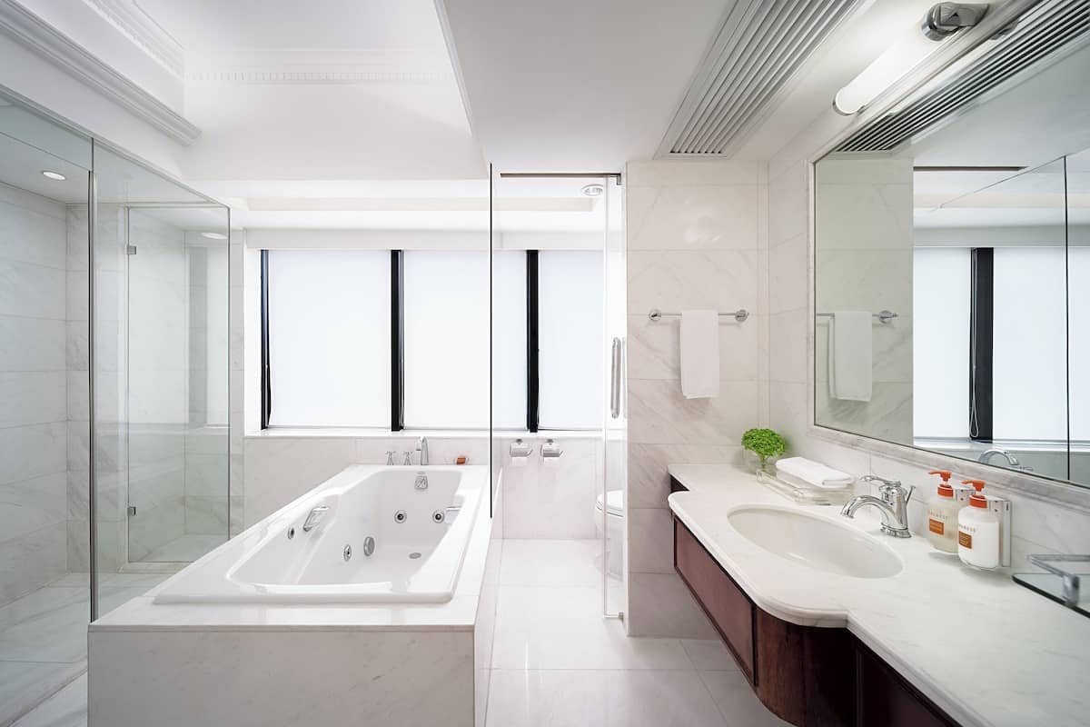 rainfall showerhead, hair dryer, bathrobes, slippers