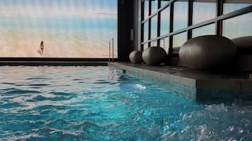 Indoor pool, seasonal outdoor pool, pool loungers