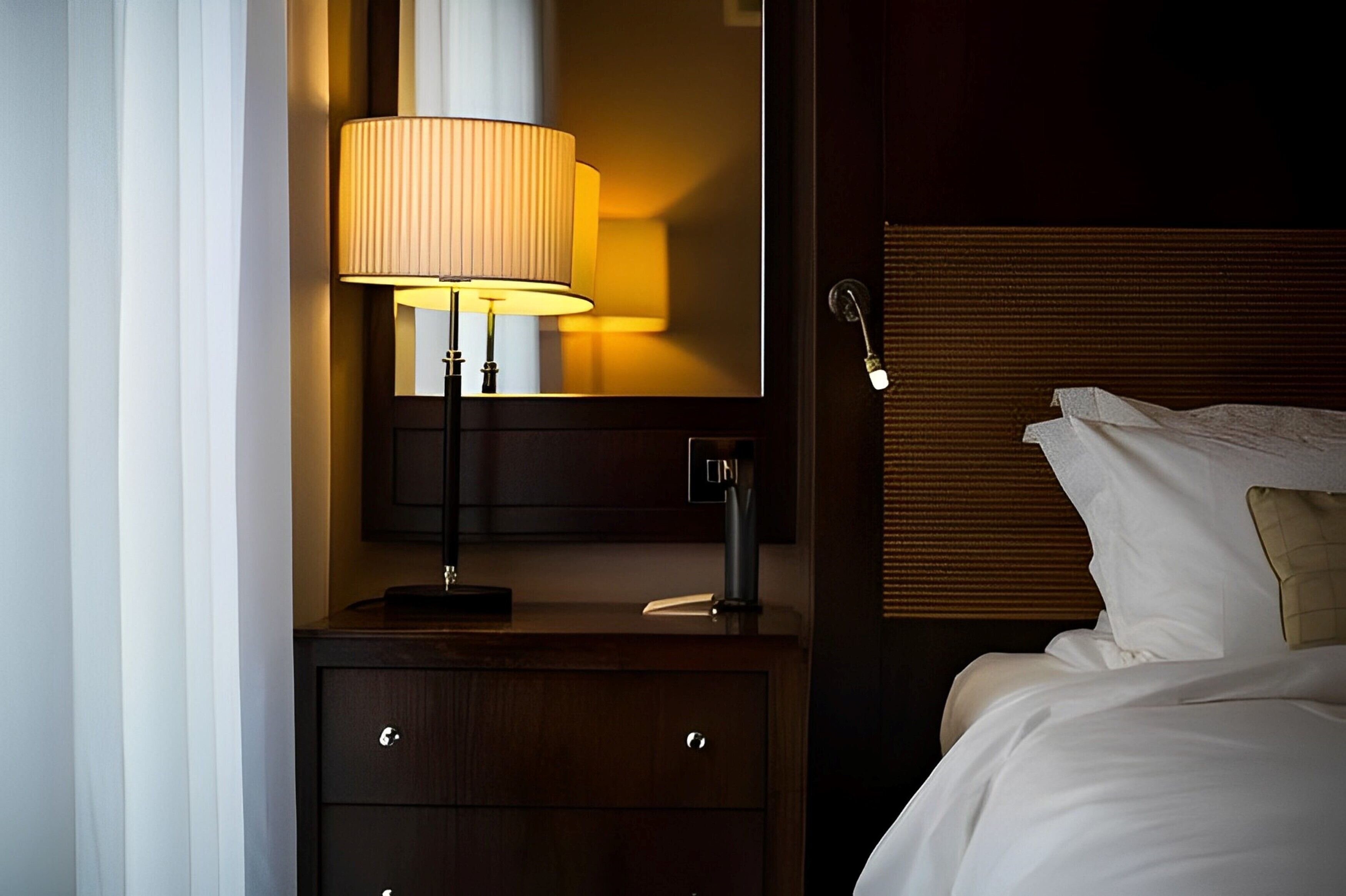 Een hotelkamer met een bed, nachtkastje met een lamp, spiegel en een houten hoofdeinde.