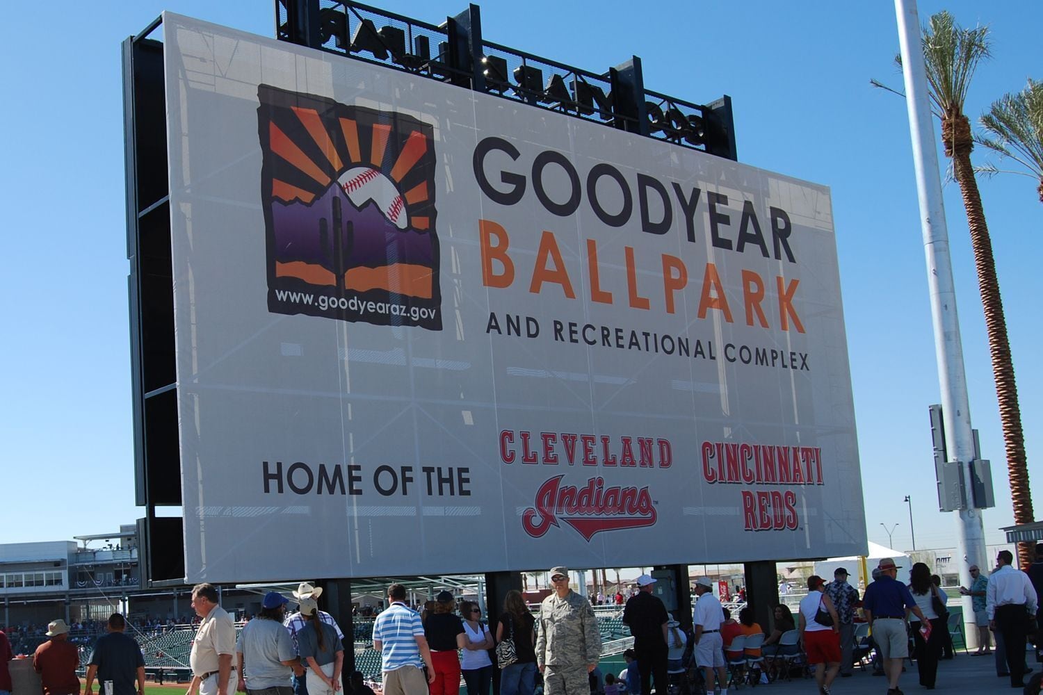 A billboard advertising Goodyear Ballpark and the Cleveland Indians and Cincinnati Reds.