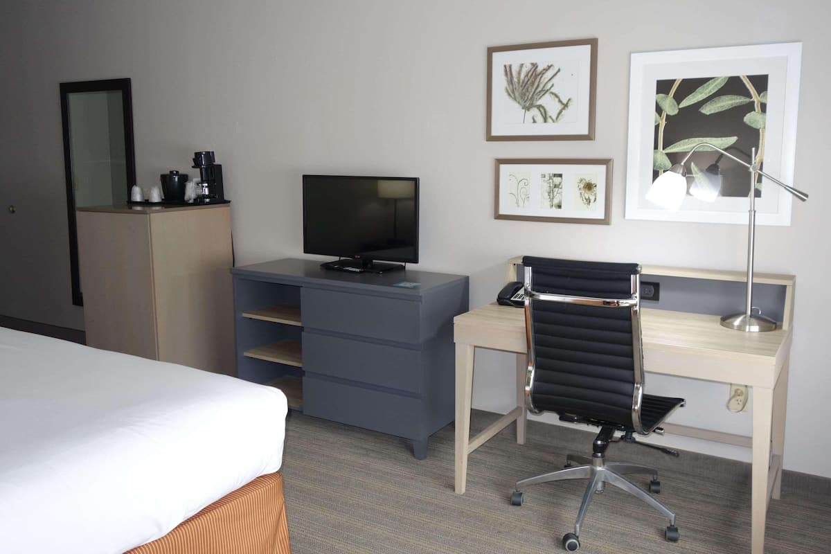 Una habitación de hotel con cama, escritorio con computadora, silla, televisión, cafetera y jarra para café.