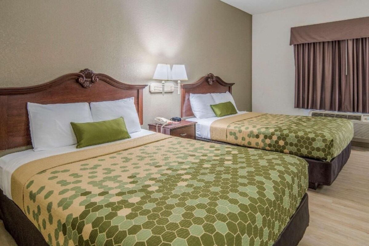 A hotel room with two beds, each with a patterned bedspread, a nightstand with a lamp, and a window with curtains.