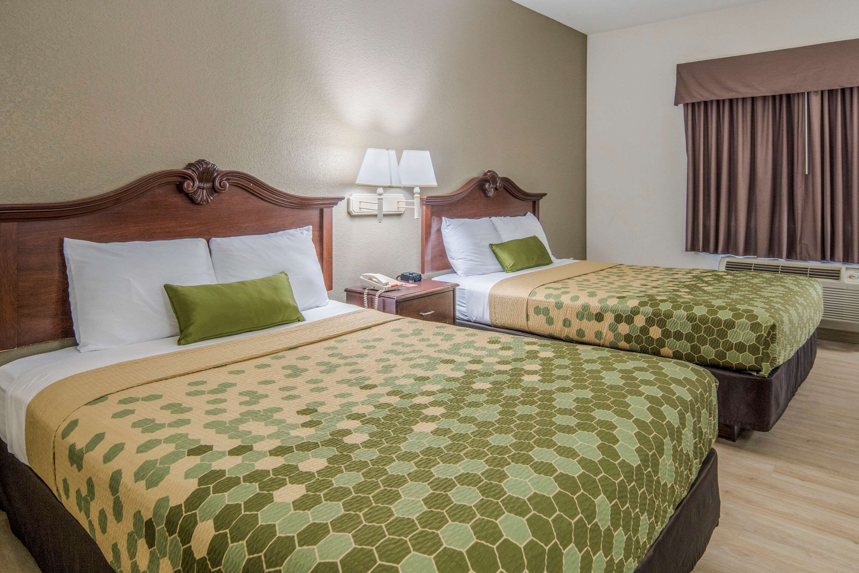 A hotel room with two beds, each with a green patterned bedspread, a wooden headboard, a nightstand with a lamp, and a window with curtains.
