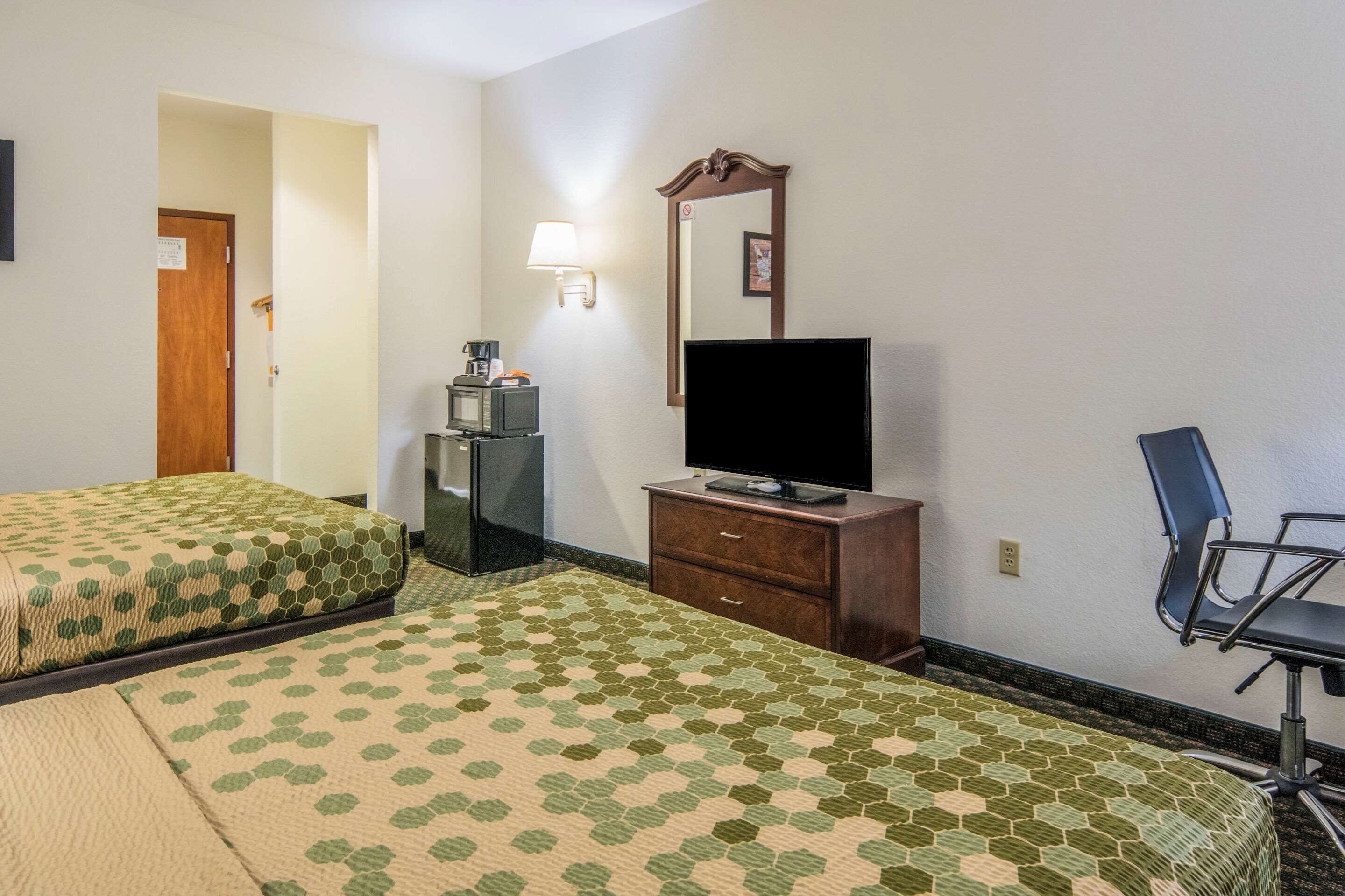 A hotel room with two beds, a television, a desk with a lamp, and a chair.