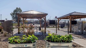 Two Tarter branded planters on wheels, a wooden gazebo, and a covered area with a metal roof. - Motel 6 Elizabethtown, KY (Elizabethtown)