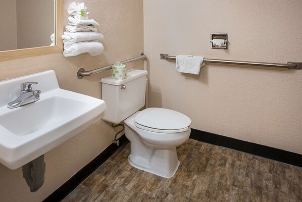 Ein Badezimmer mit Waschbecken, Toilette und Handläufen.