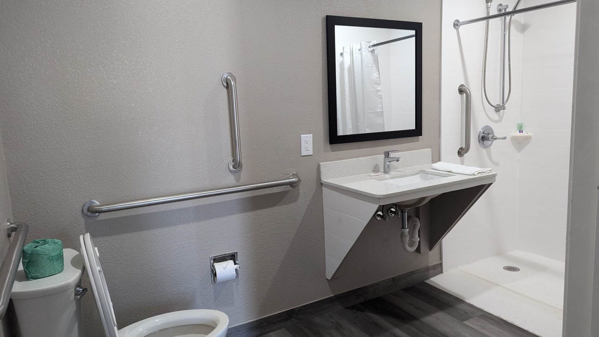 A bathroom with a toilet, a sink, a mirror, and a shower.