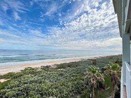 A coastal view with a beach, ocean, and dense greenery.
