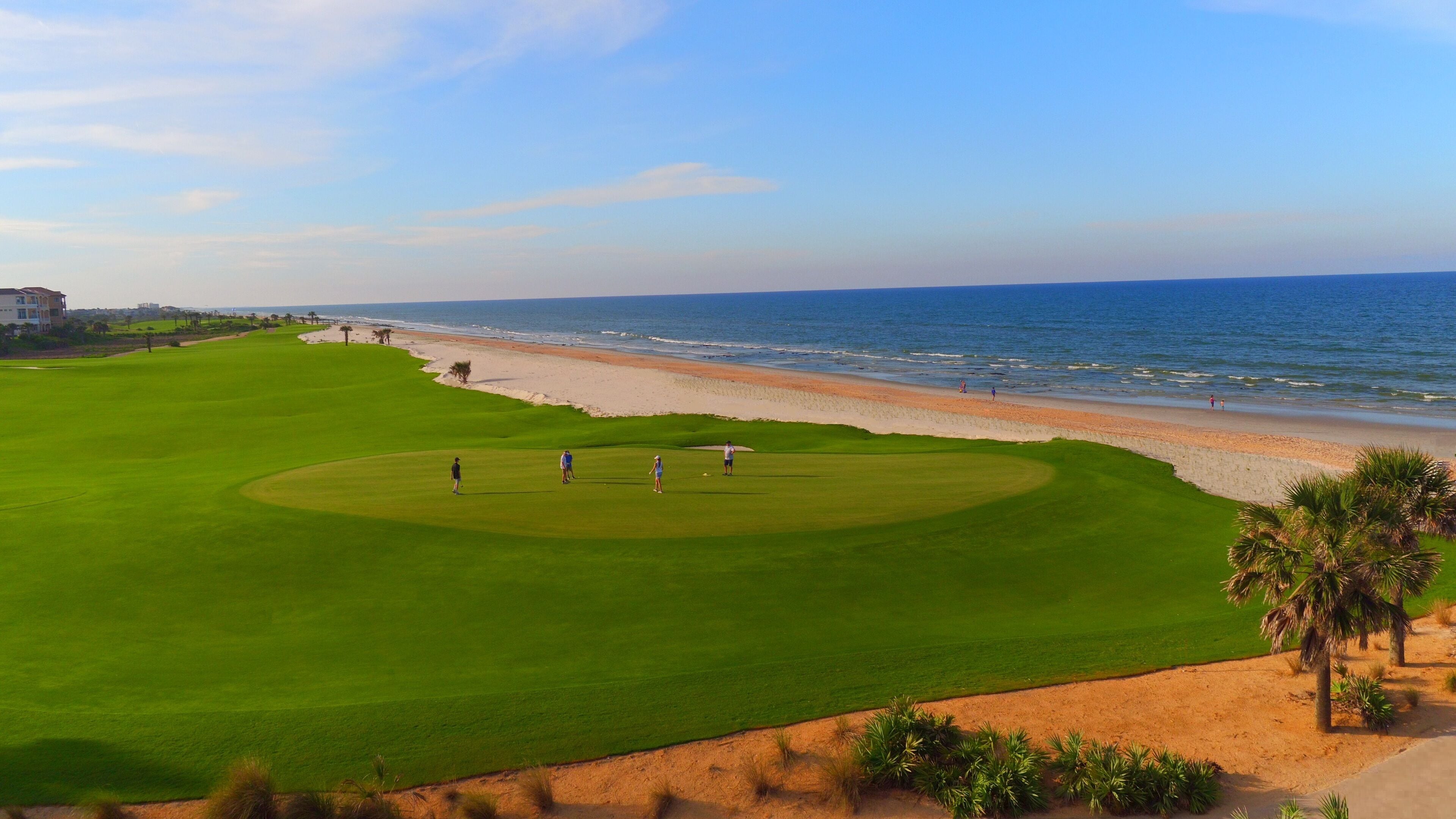En golfbana med utsikt över stranden, palmer och en klar himmel.