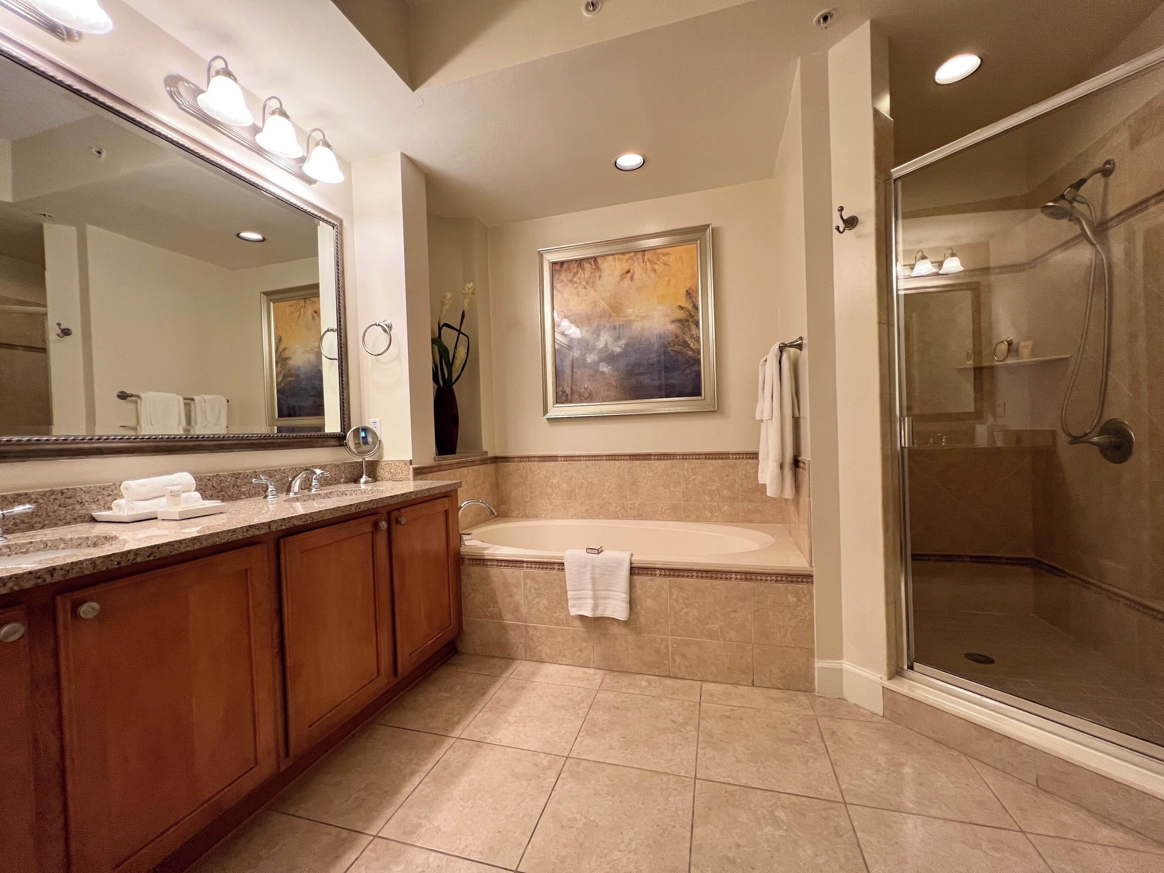 A bathroom with a large mirror, a bathtub, a shower area, and a vanity with a sink.