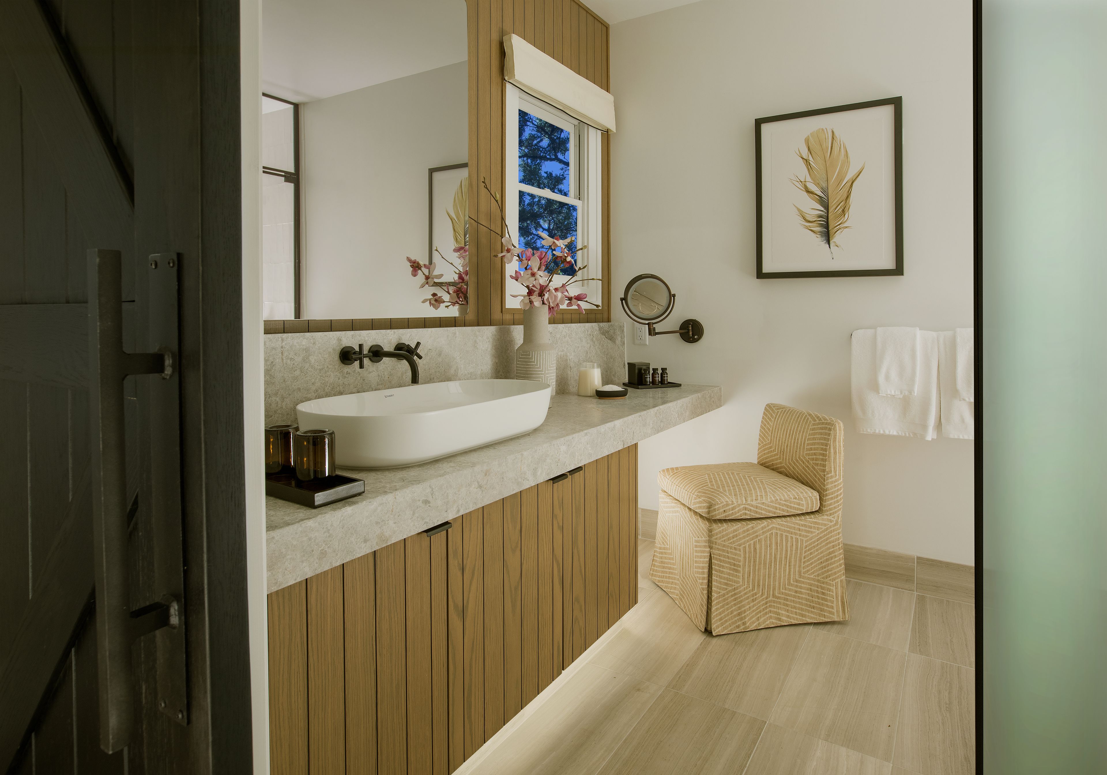 designer toiletries, hair dryer, bathrobes, slippers