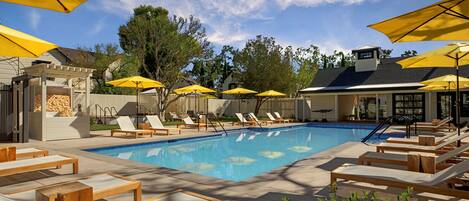 Outdoor pool, pool umbrellas, pool loungers