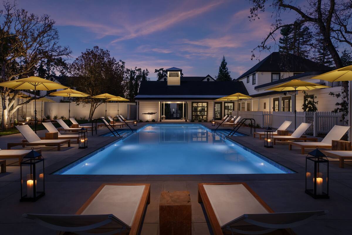 outdoor pool, pool umbrellas, pool loungers