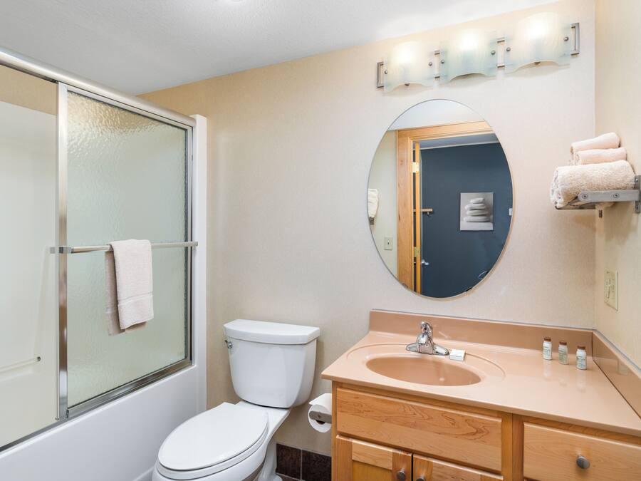 A bathroom with a glass-enclosed shower, a toilet, a sink with a mirror above it, and a towel rack with towels.