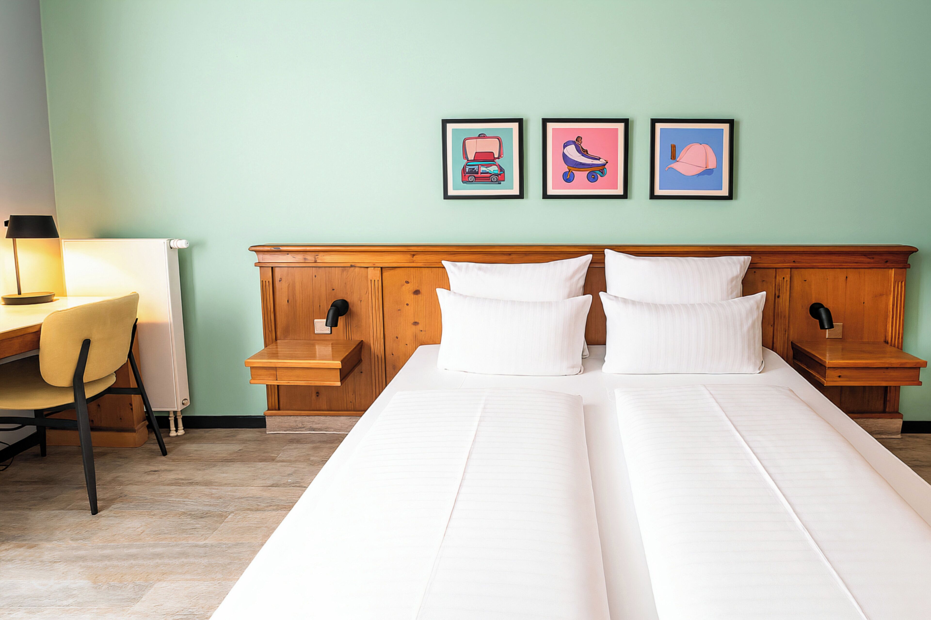 A double bed with white linens, a wooden headboard, two bedside tables, a desk with a chair, and three framed pictures on the wall.