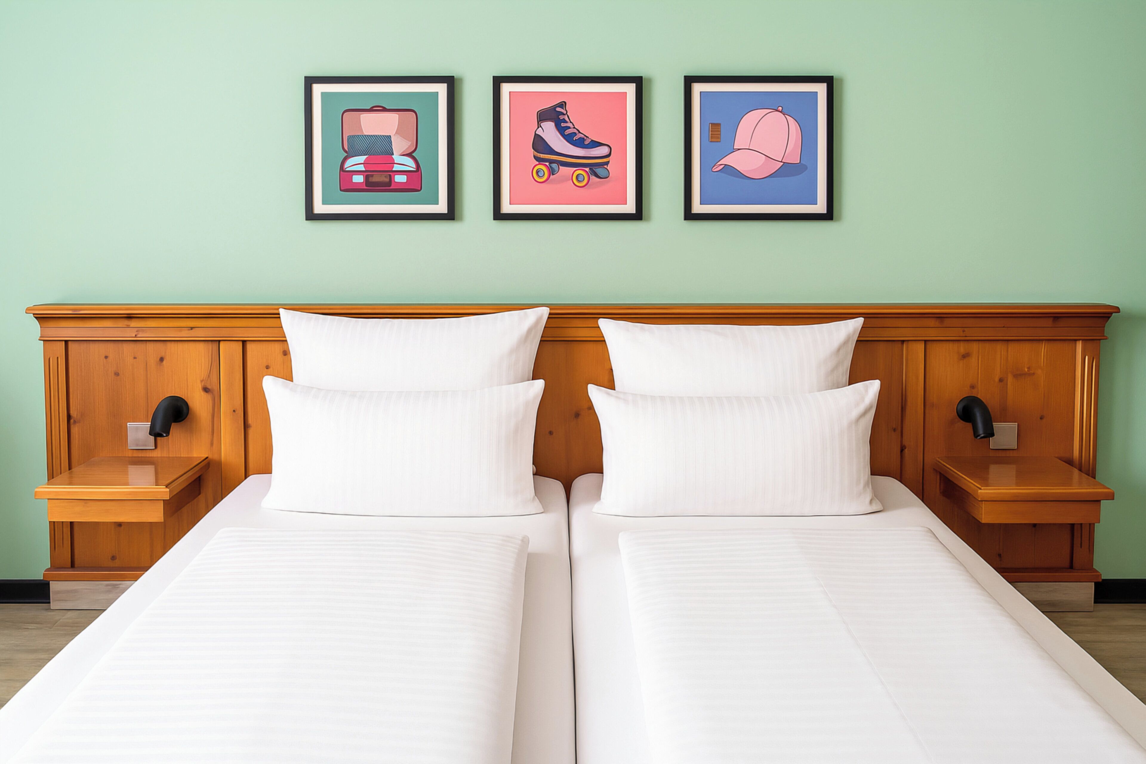 A double bed with white linens, a wooden headboard, and two bedside tables with lamps.