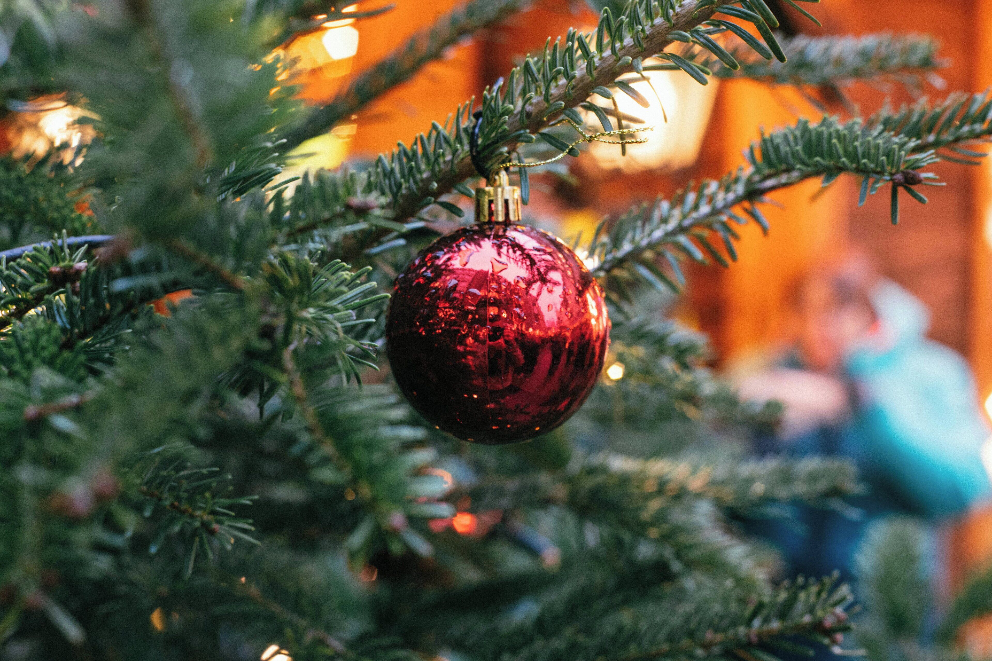 A Christmas tree with a red ornament.