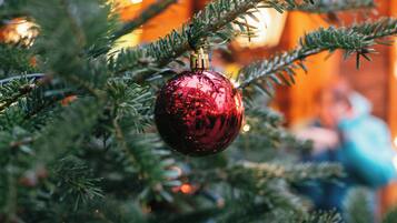 A Christmas tree with a red ornament.