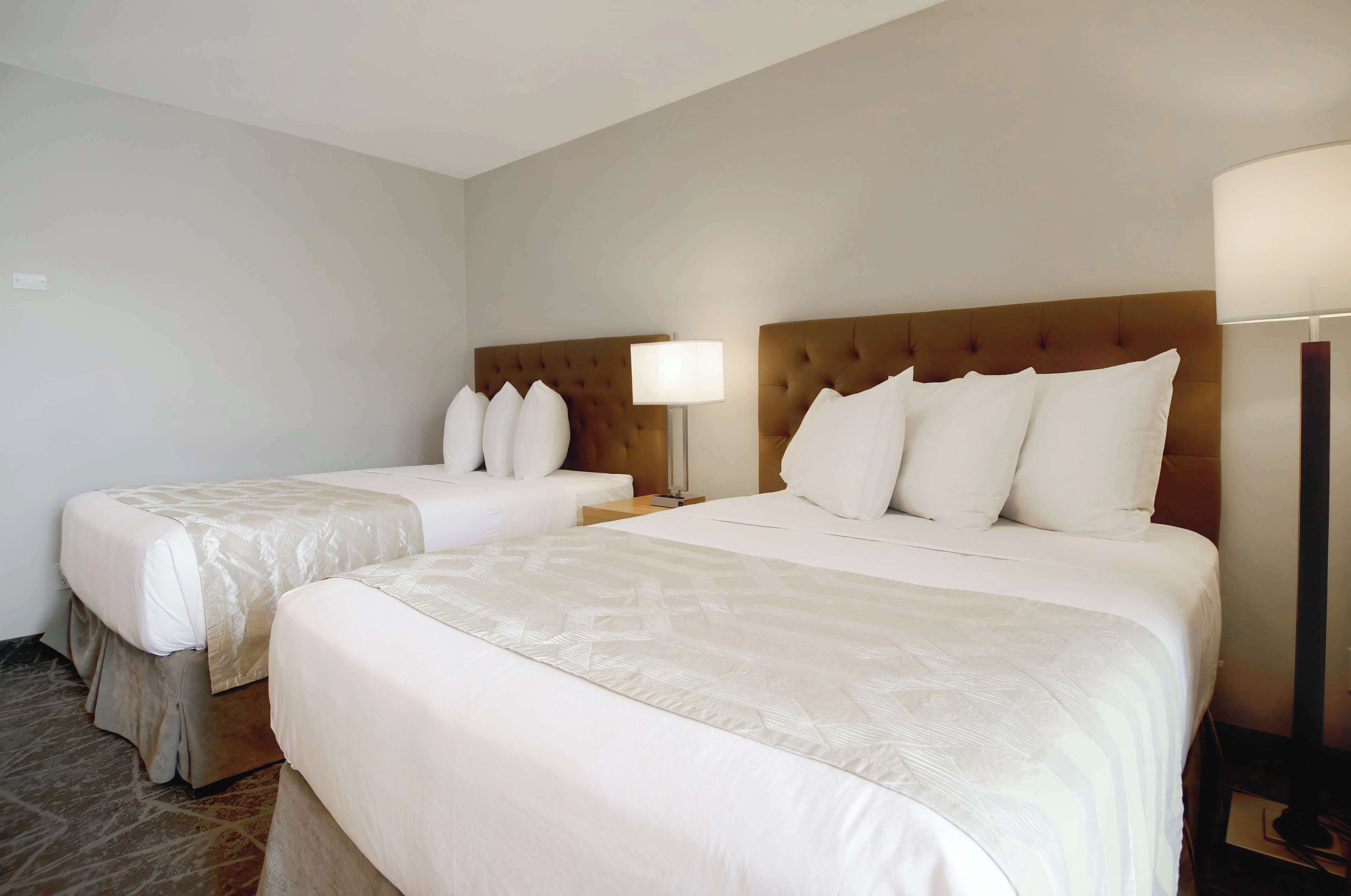 A hotel room with two beds, each with a headboard and white bedding. There is a nightstand with a lamp between the beds.