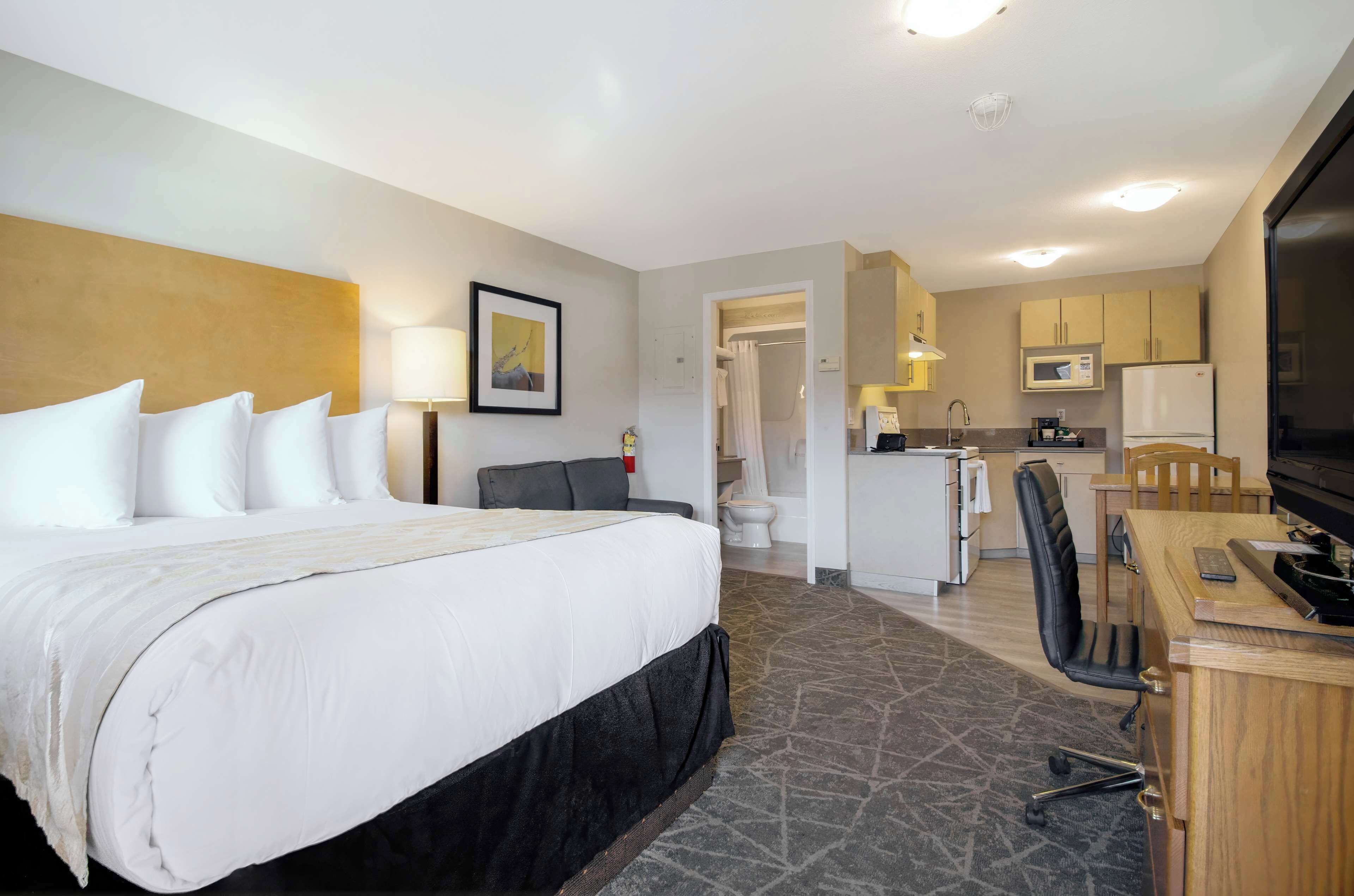 A hotel room with a bed, a desk, a chair, a television, a microwave, a refrigerator, and a bathroom.