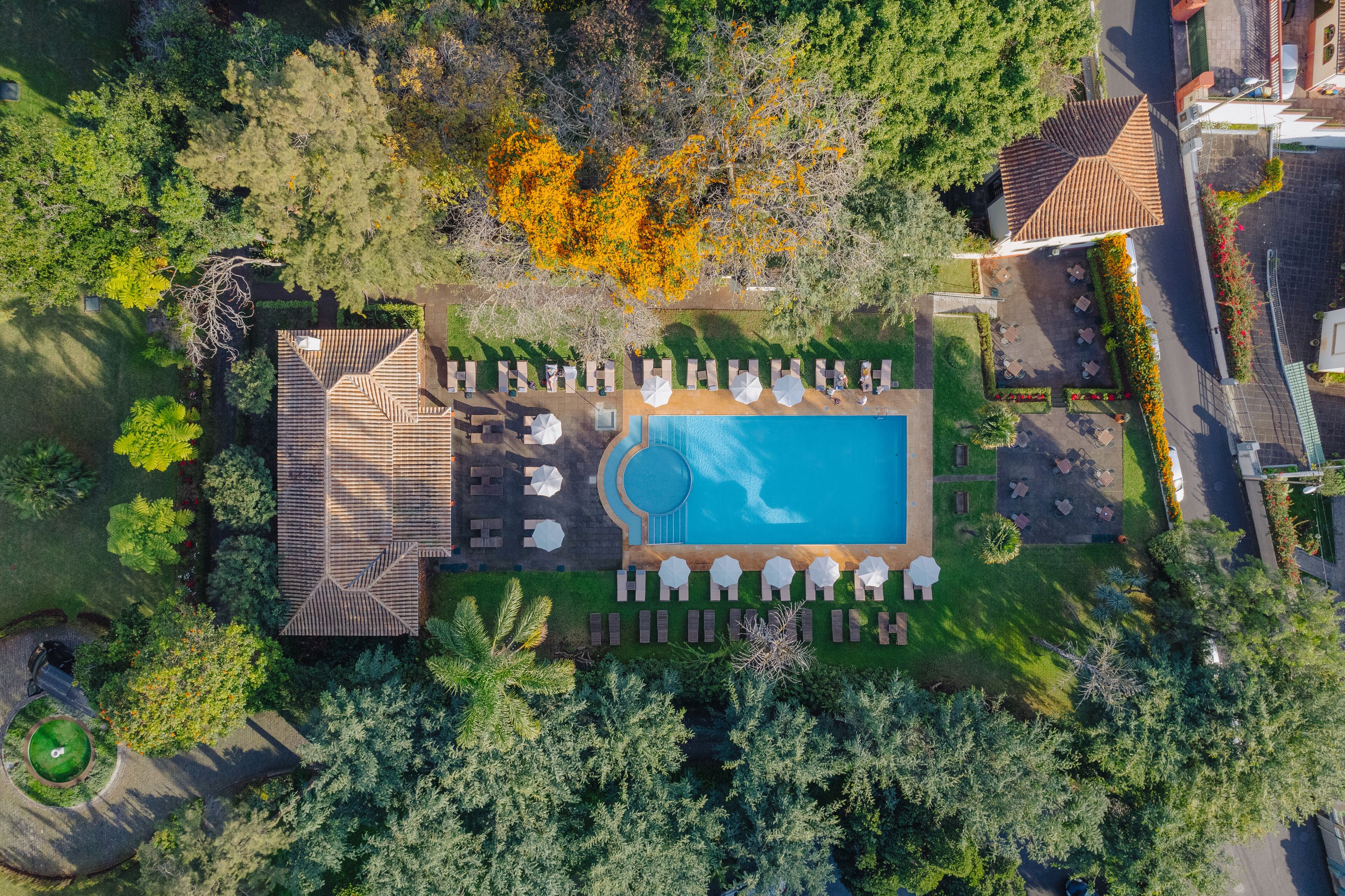 Outdoor pool, pool umbrellas, sun loungers
