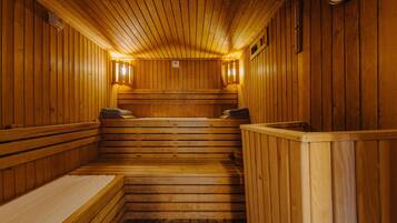 Una sauna con bancos y techo de madera.