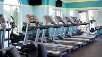 Une rangée de tapis de course dans une salle de sport dotée de grandes fenêtres et d’un mur bleu et jaune.